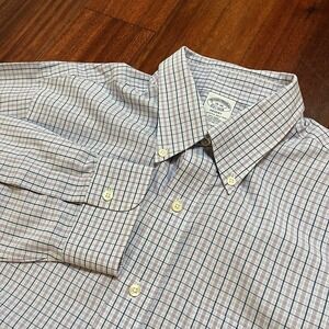 Brooks Brothers Shirt Men 16 35 Blue Plaid Check Regent Button Down Oxford